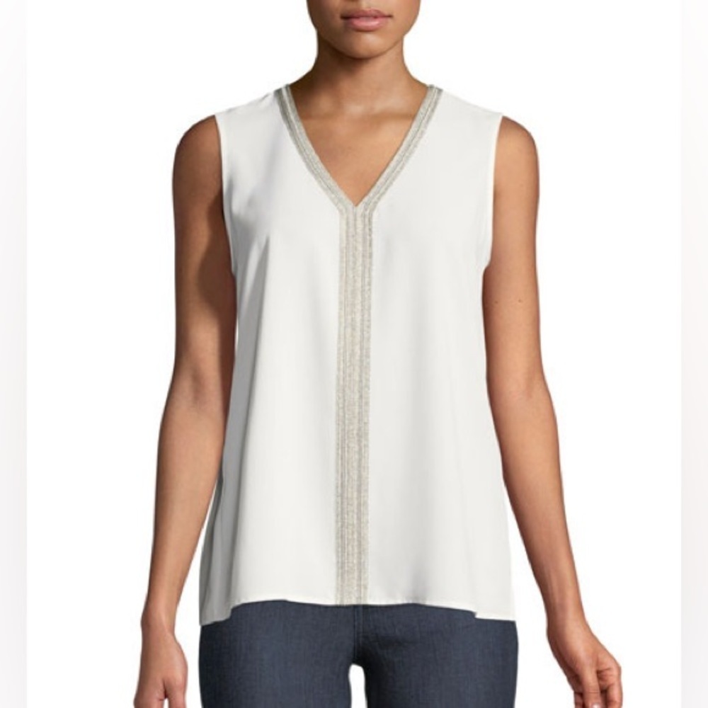 MISOOK Sparkling Metallic V-Neck Silver Trim White Sleeveless Loose Fit